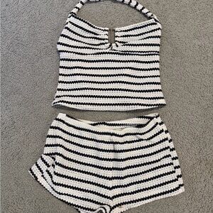 Black and White Striped Knit Halter Top and Shorts Set